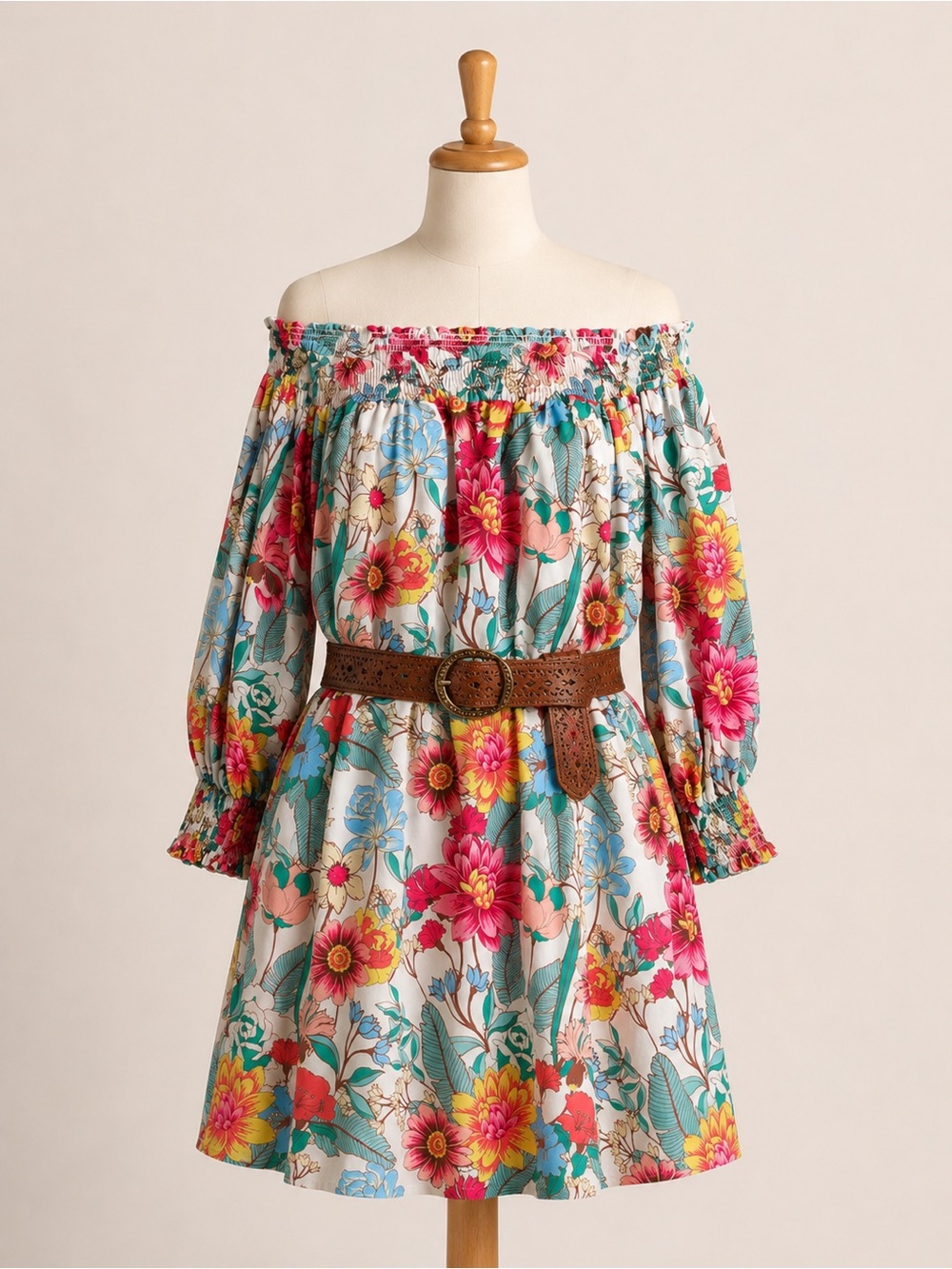 Umgee Boutique Brand size Medium Floral Off-Shoulder Dress Pink Teal
